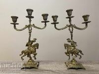 Αντίκες μπρούτζινα κηροπήγια με αναβάτες σε άλογα (ζεύγος)