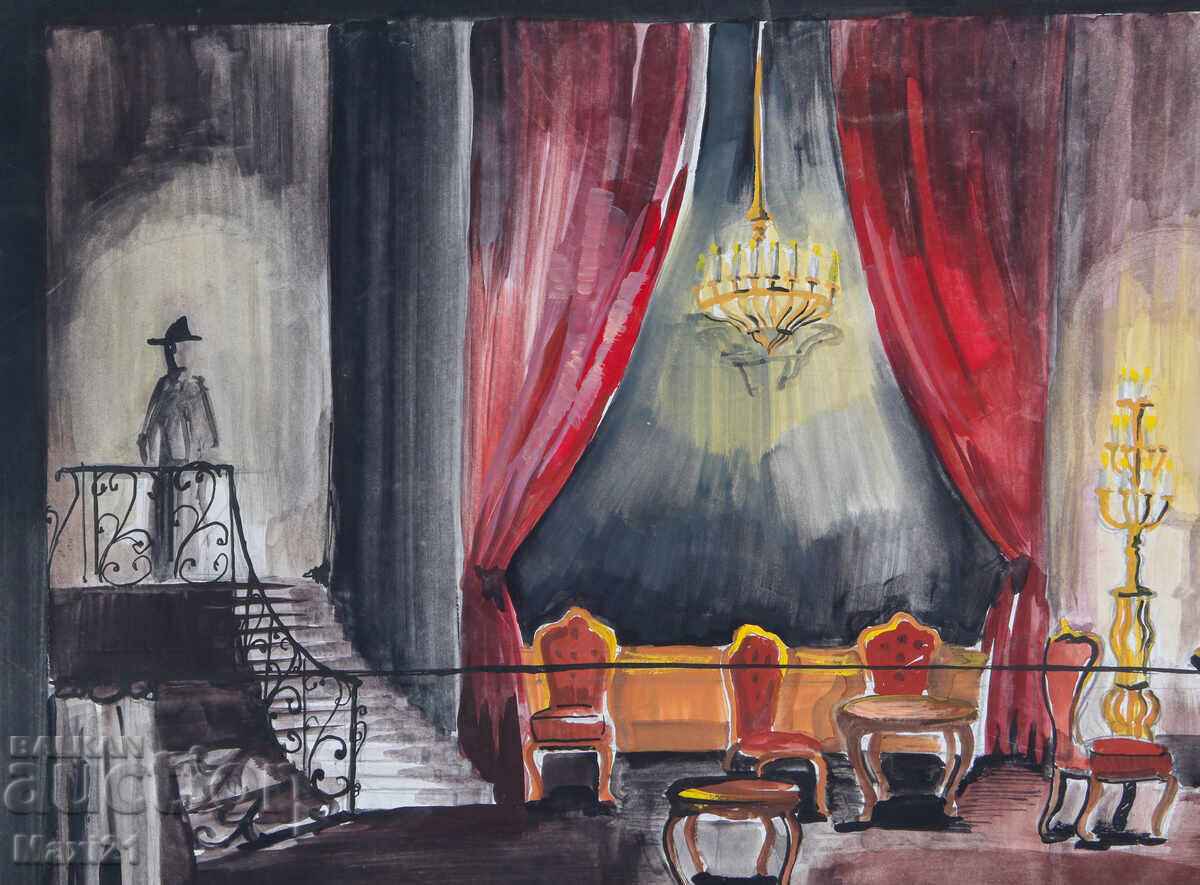 Licitație Tablou guașă interior de scenă Licitație Tablou guașă interior de scenă