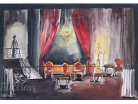Gouache painting of a stage interior