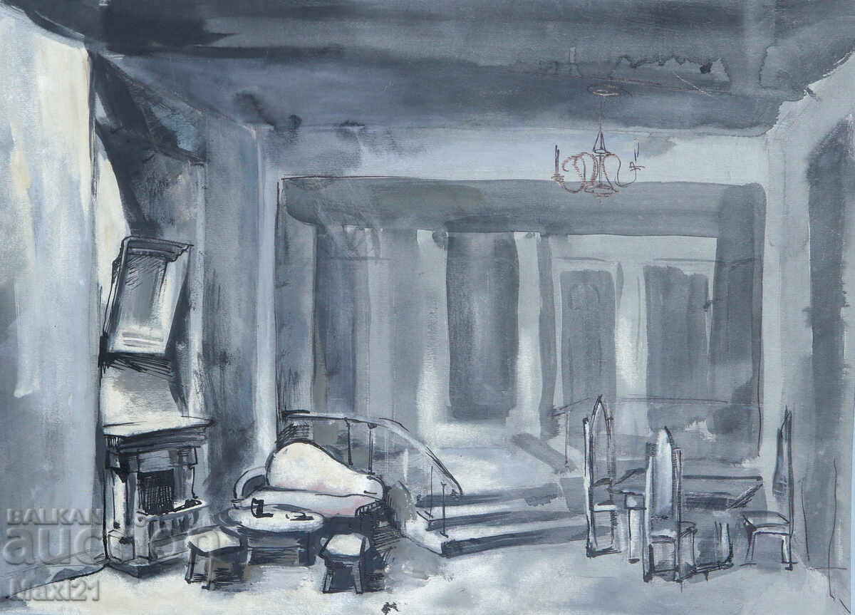 Gouache painting, scenography, interior