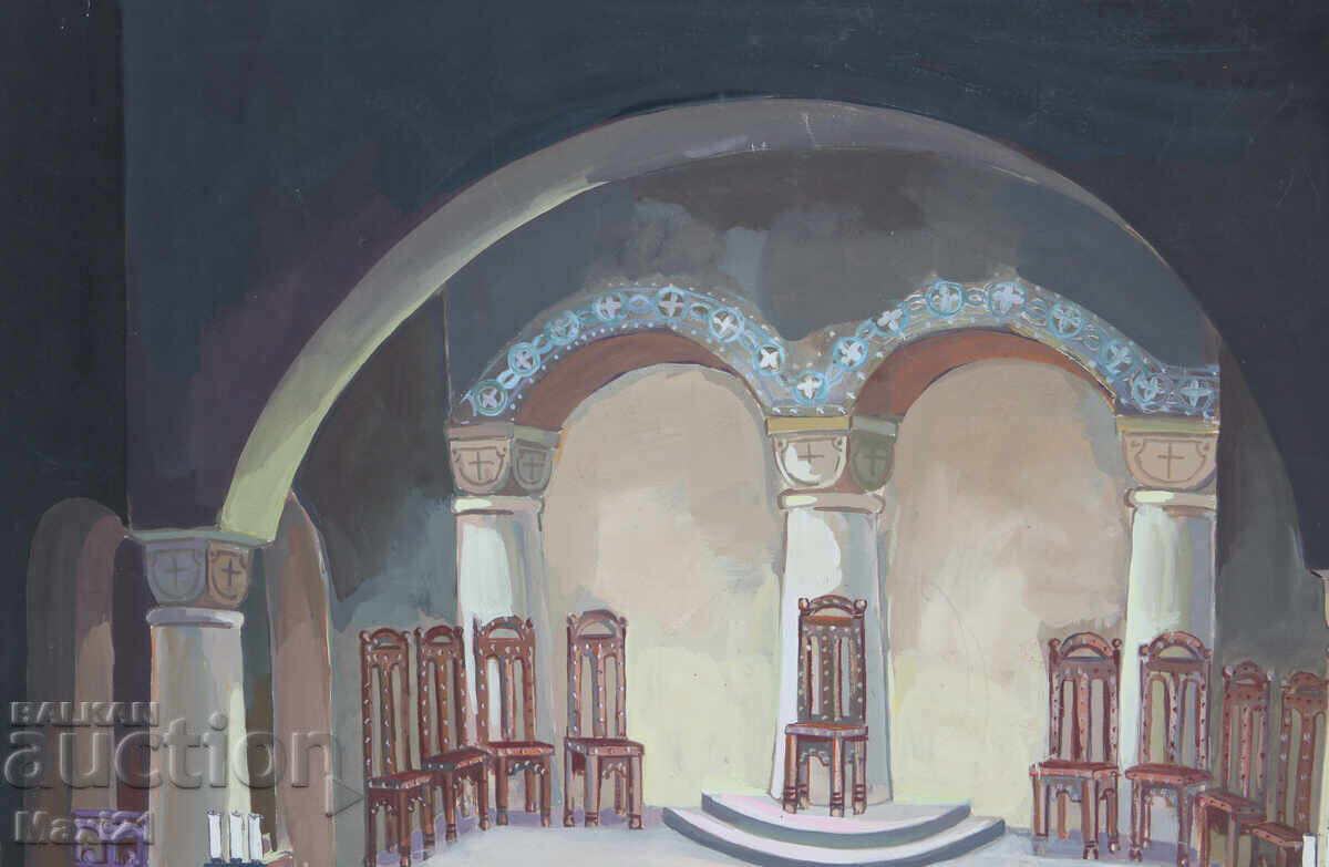 Auction  Gouache painting of a stage interior
