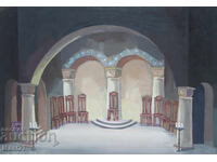 Gouache painting of a stage interior
