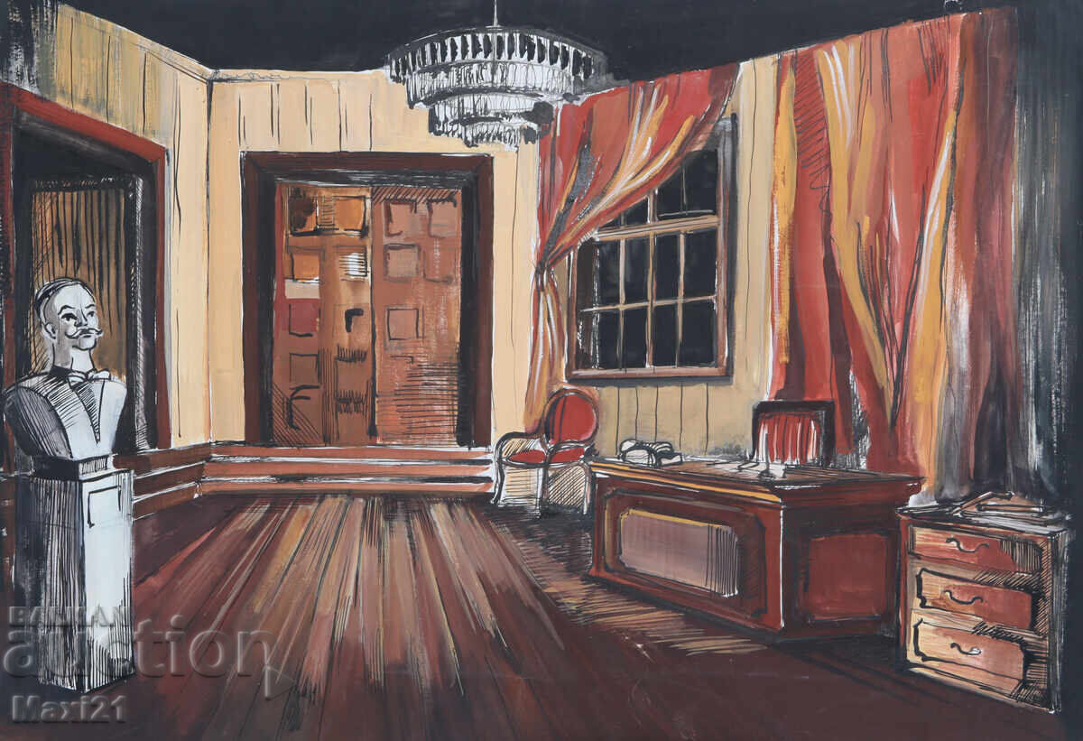 Gouache painting, scenography, interior with price 150.00 BGN | € 76.69