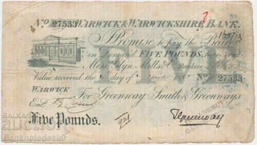 Marea Britanie Warwick și Warwickshire Bank 5 Lire 1885