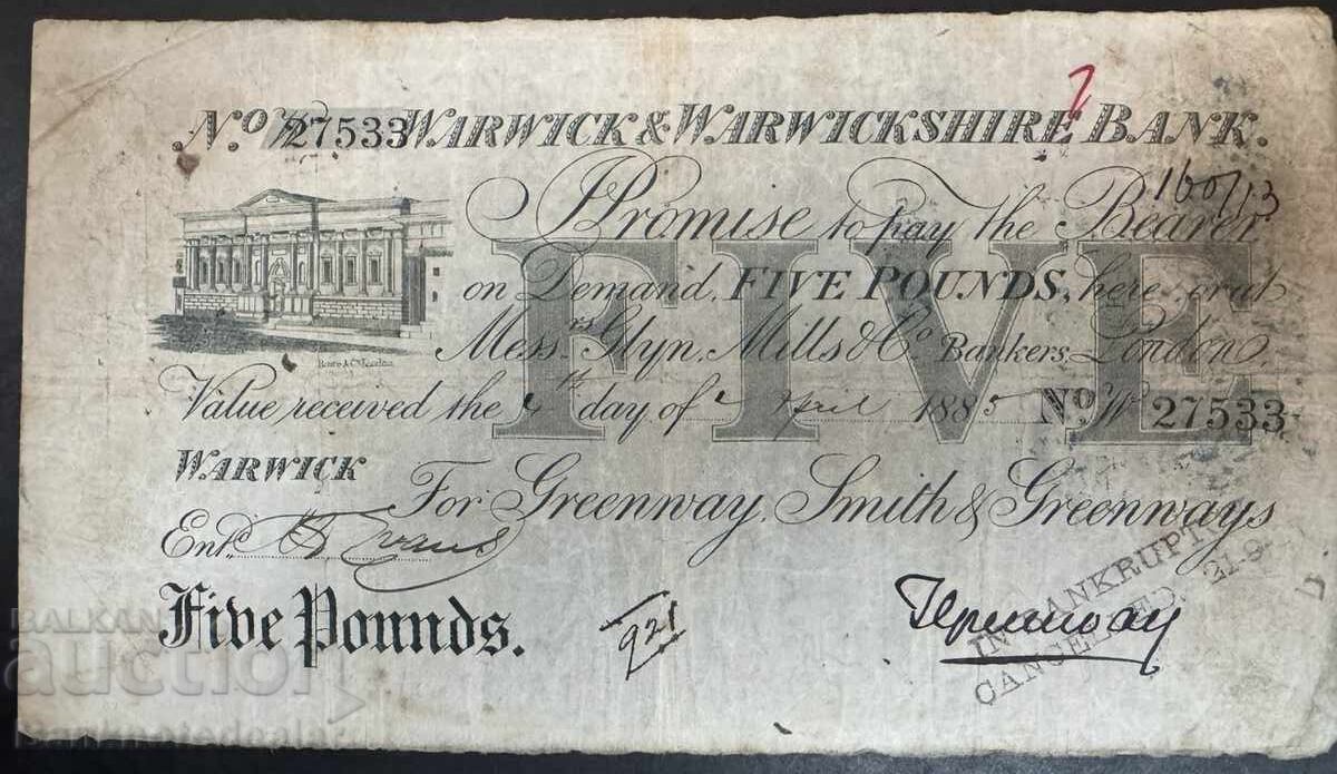 Marea Britanie Warwick și Warwickshire Bank 5 Lire 1885