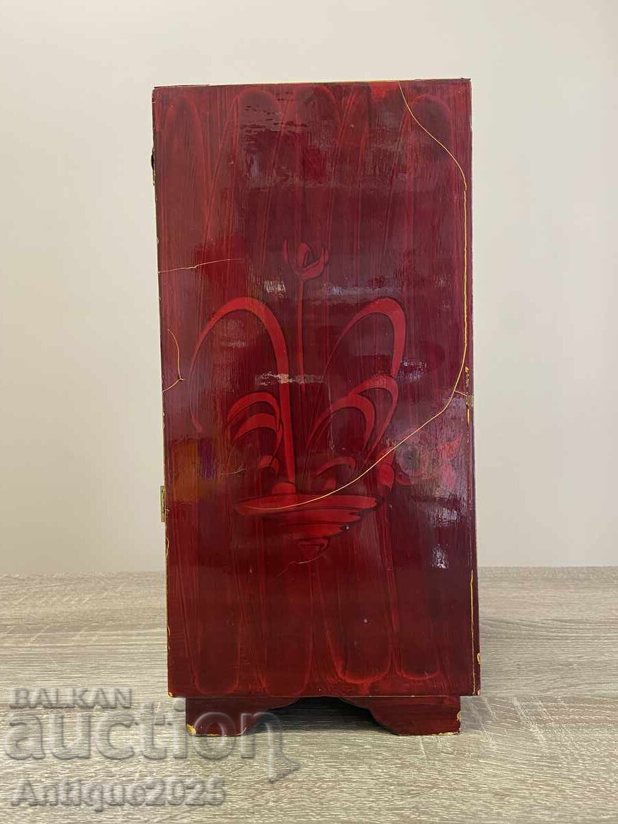 Винтидж китайска кутия за бижута от червено лакирано дърво - 6