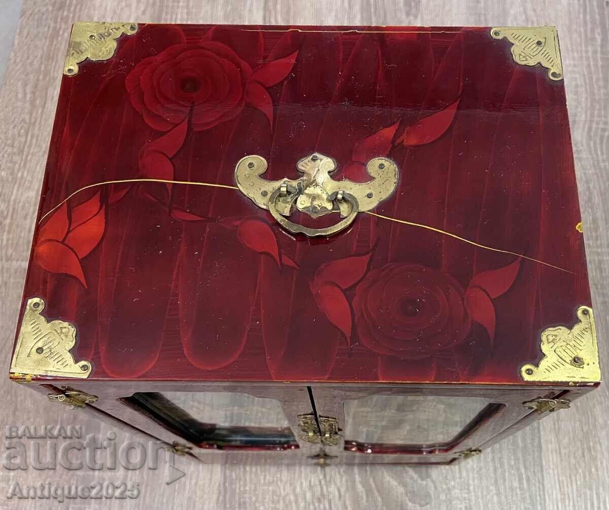 Винтидж китайска кутия за бижута от червено лакирано дърво - 7