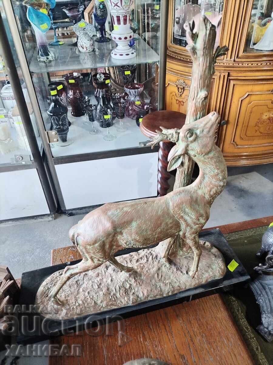 LARGE FIGURE OF A DEER WITH MARBLE PEDESTAL