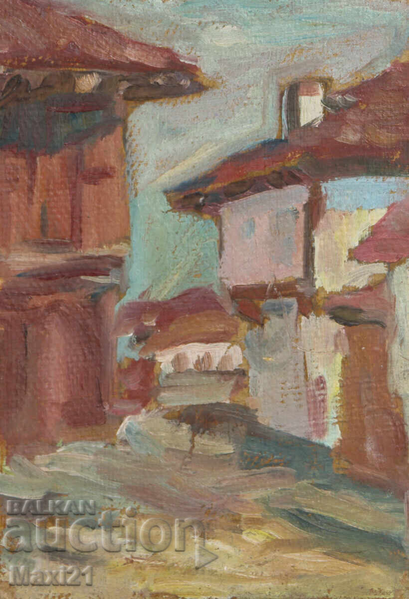 Landscape from the village, old painting, oil paints