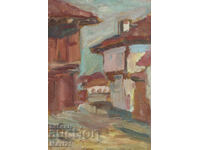 Peisaj de sat, tablou vechi, pictură în ulei