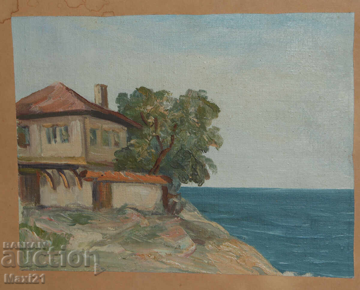 Auction  House by the sea, old oil painting