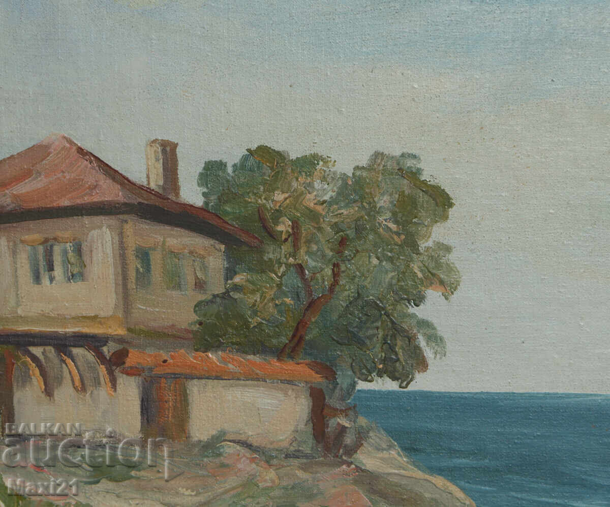 House by the sea, old oil painting - 5