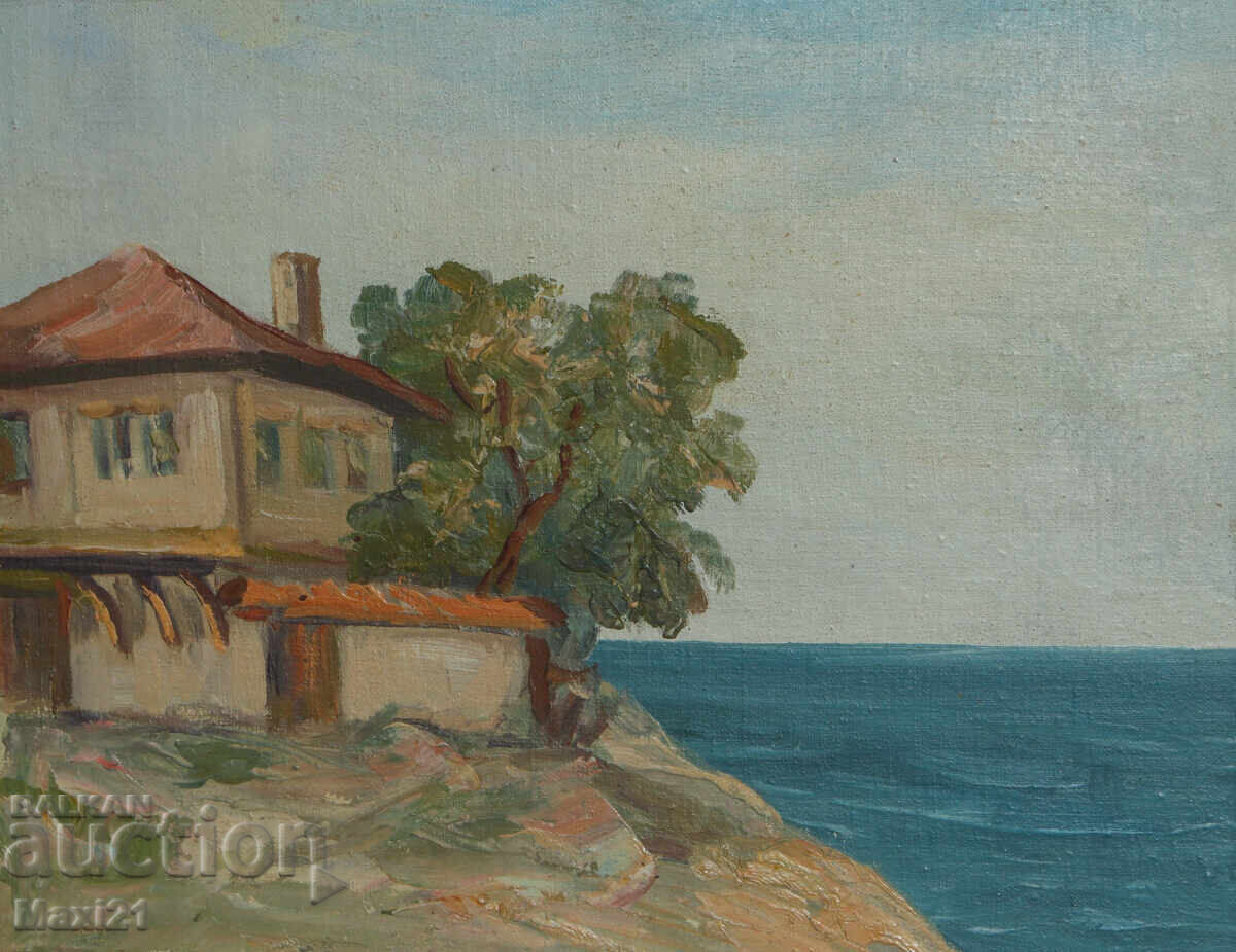House by the sea, old oil painting