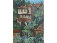 Peisaj case pictură veche ulei