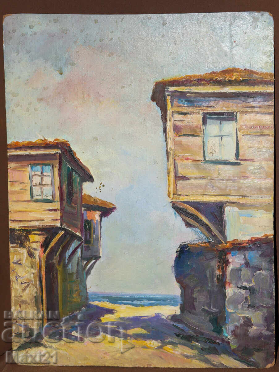 Landscape of Revival Houses by the Sea, Old Painting, Oil Paints with price 260.00 BGN | € 132.94