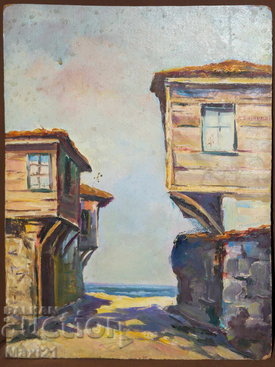 Delivery of Landscape of Revival Houses by the Sea, Old Painting, Oil Paints