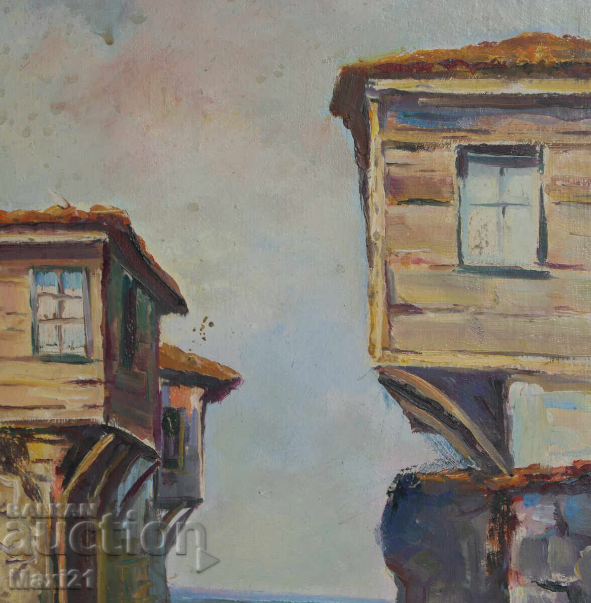 Landscape of Revival Houses by the Sea, Old Painting, Oil Paints - 6