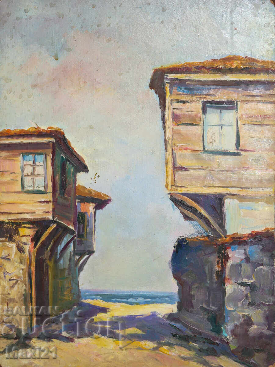 Landscape of Revival Houses by the Sea, Old Painting, Oil Paints