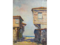 Peisaj cu case vechi de renaștere lângă mare, pictură veche în ulei