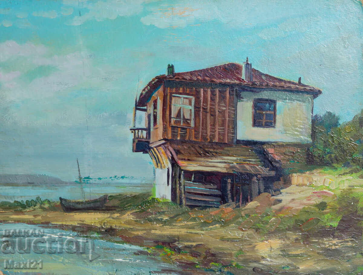 Auction  Landscape house on the seashore old painting oil paints
