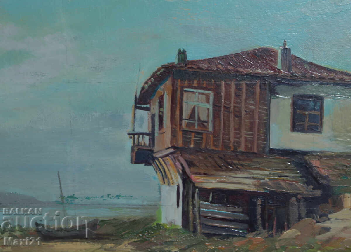 Delivery of Landscape house on the seashore old painting oil paints