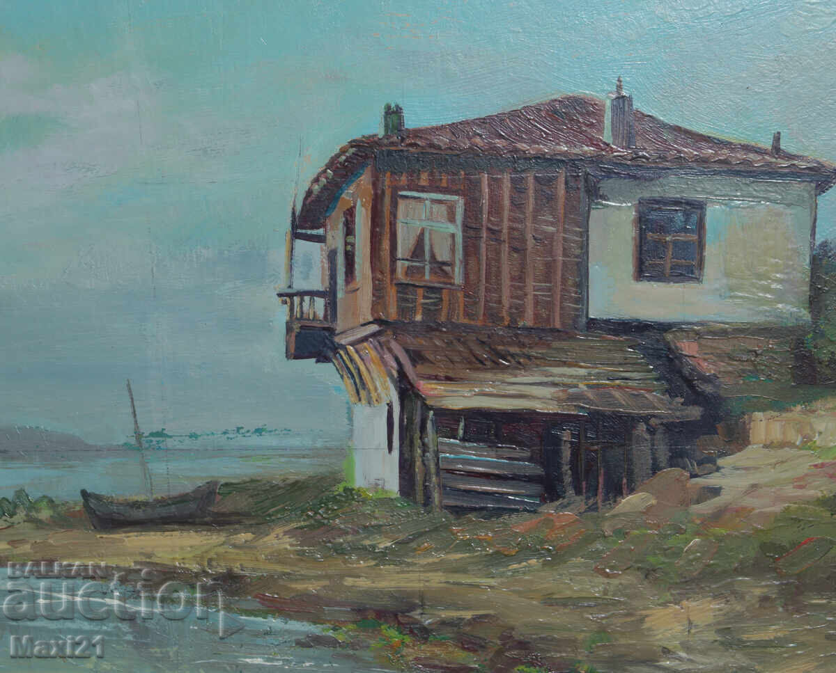 Landscape house on the seashore old painting oil paints - 5