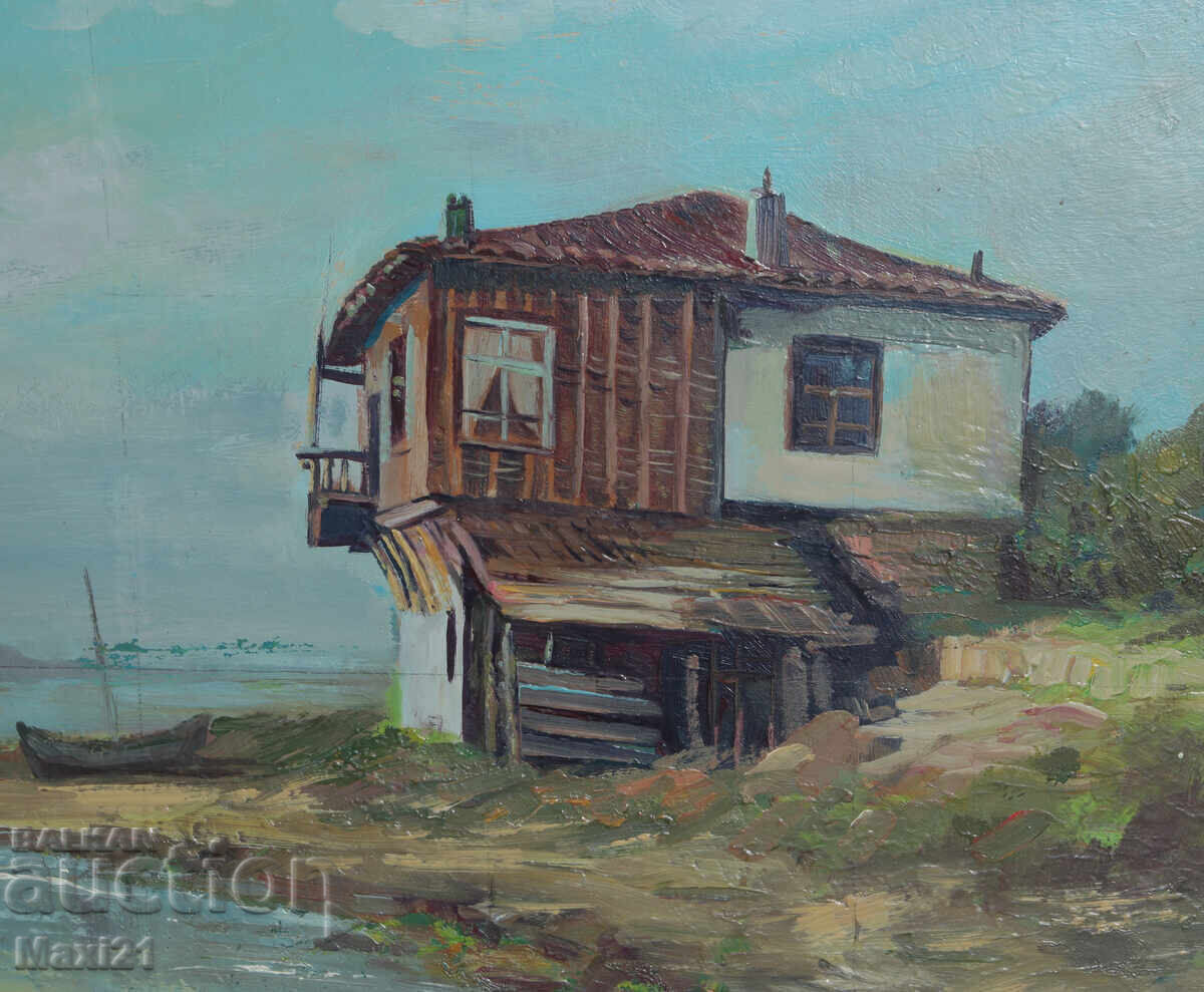 Landscape house on the seashore old painting oil paints - 6