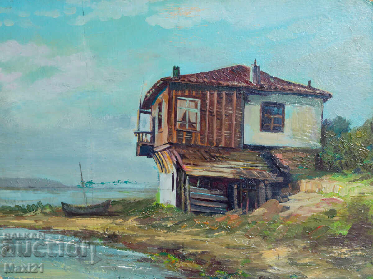 Landscape house on the seashore old painting oil paints