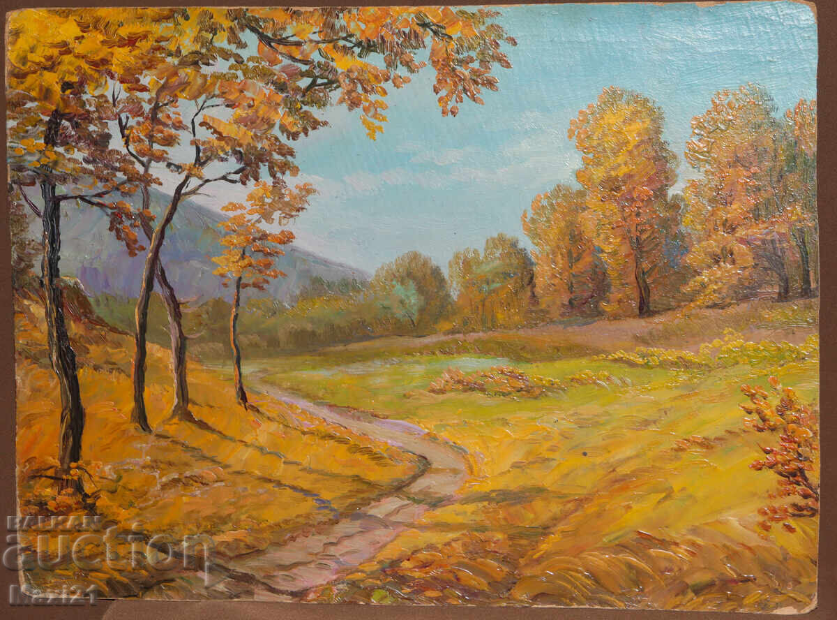 Peisaj de pădure de toamnă, pictură veche, ulei cu preț 250.00 BGN | € 127.82 Peisaj de pădure de toamnă, pictură veche, ulei cu preț 250.00 BGN | € 127.82