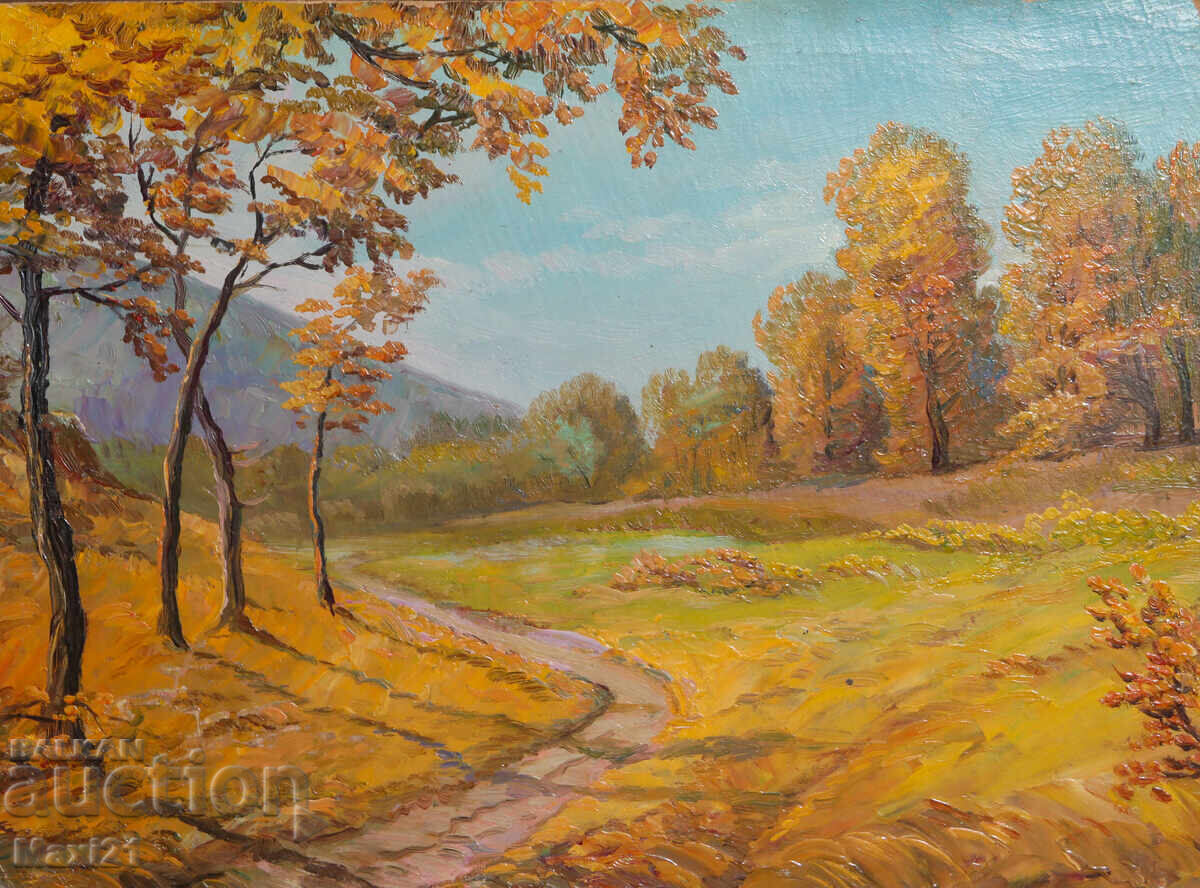 Peisaj de pădure de toamnă, pictură veche, ulei Peisaj de pădure de toamnă, pictură veche, ulei