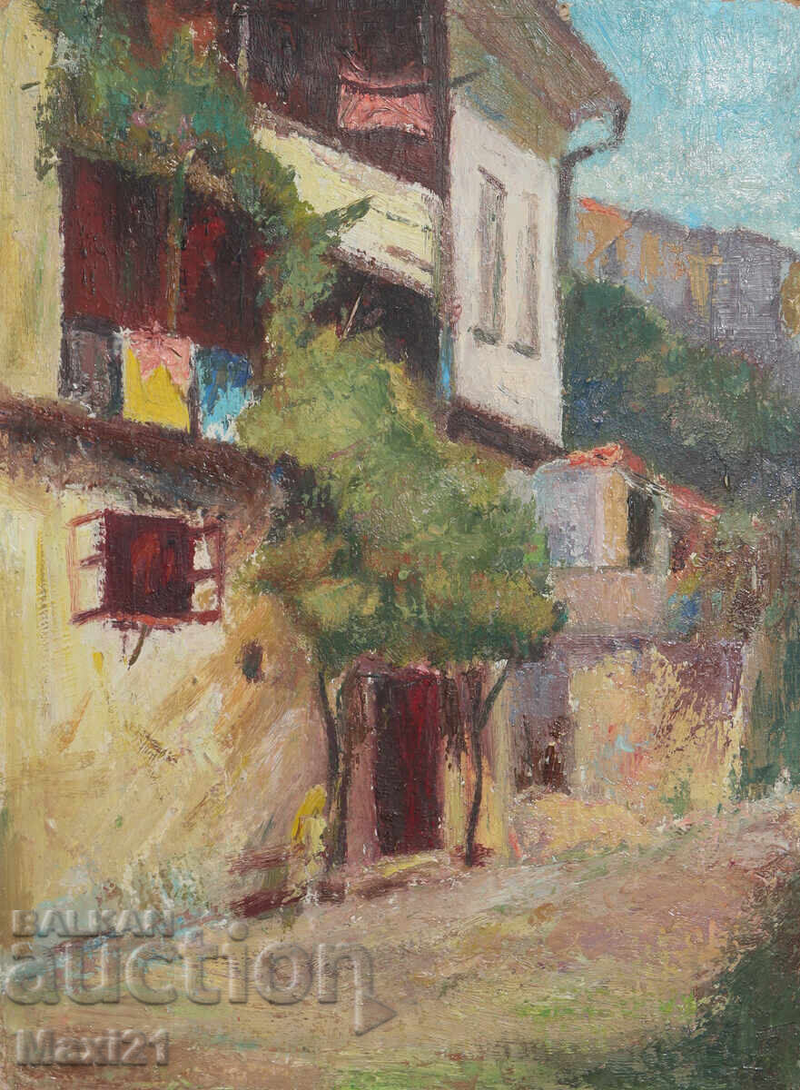 Landscape village house old painting oil paints