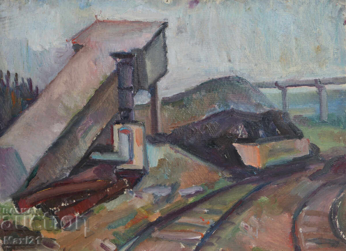 Индустриален пейзаж стара картина маслени бои