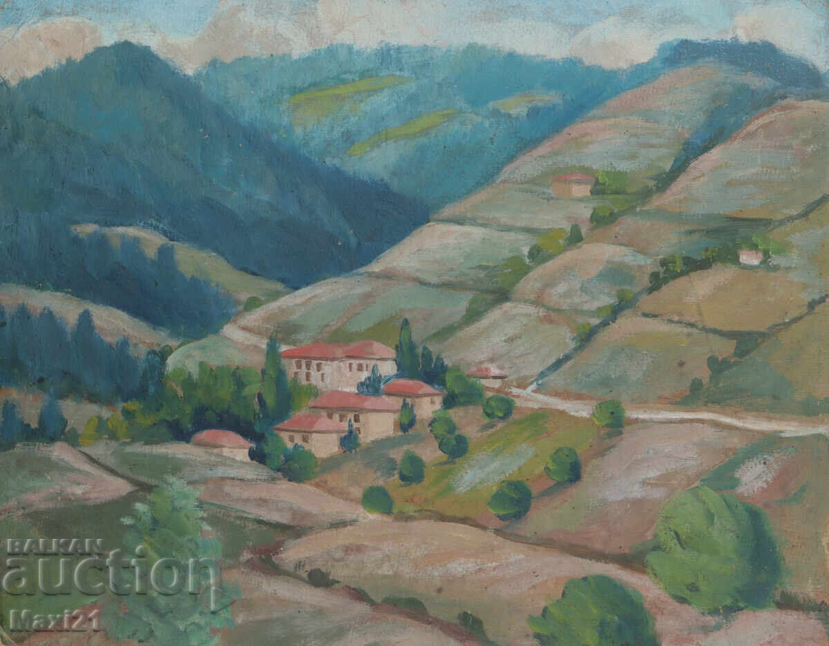 Ορεινό τοπίο παλιά ελαιογραφία