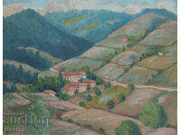 Peisaj montan, pictură veche, ulei