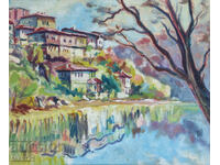 Peisaj urban frumos, pictură veche în ulei