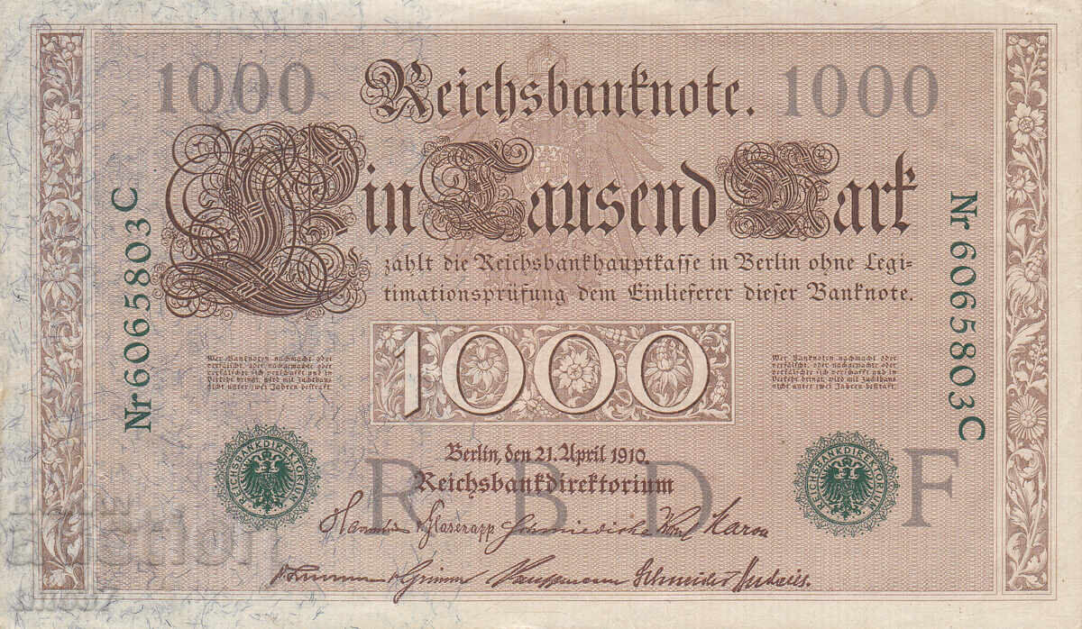 tino37- ΓΕΡΜΑΝΙΑ - 1000 ΜΑΡΚΑ /ΠΡΑΣΙΝΗ ΣΦΡΑΓΙΔΑ/- 1910 - VF+ με τιμή € 2.90 | 5.67 BGN