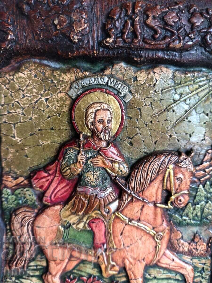 Аукцион Прекрасна Много Стара Дървена Икона - Свети Мина Аукцион Прекрасна Много Стара Дървена Икона - Свети Мина