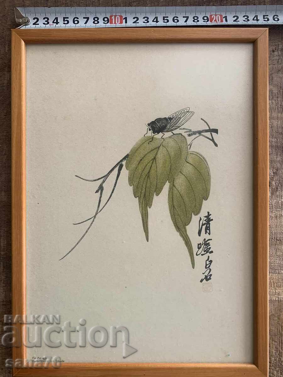Licitație Litografie veche de Qi Baishi - Frunze de toamnă cu cicadă