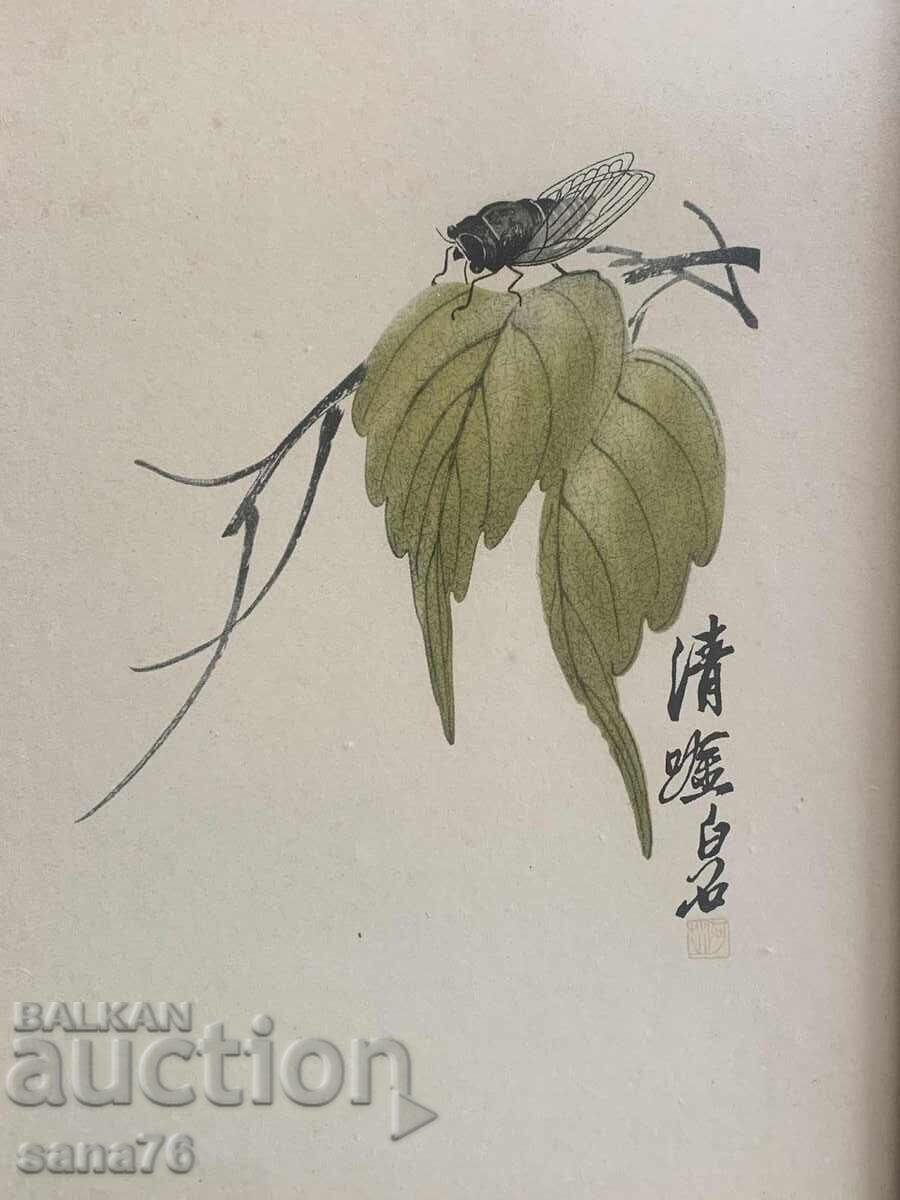 Litografie veche de Qi Baishi - Frunze de toamnă cu cicadă