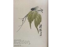 Litografie veche de Qi Baishi - Frunze de toamnă cu cicadă