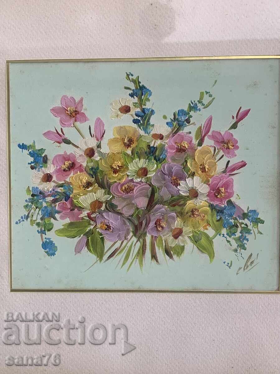 Signed original painting - Flowers (with a beautiful wooden frame) with price € 15.00 | 29.34 BGN Signed original painting - Flowers (with a beautiful wooden frame) with price € 15.00 | 29.34 BGN