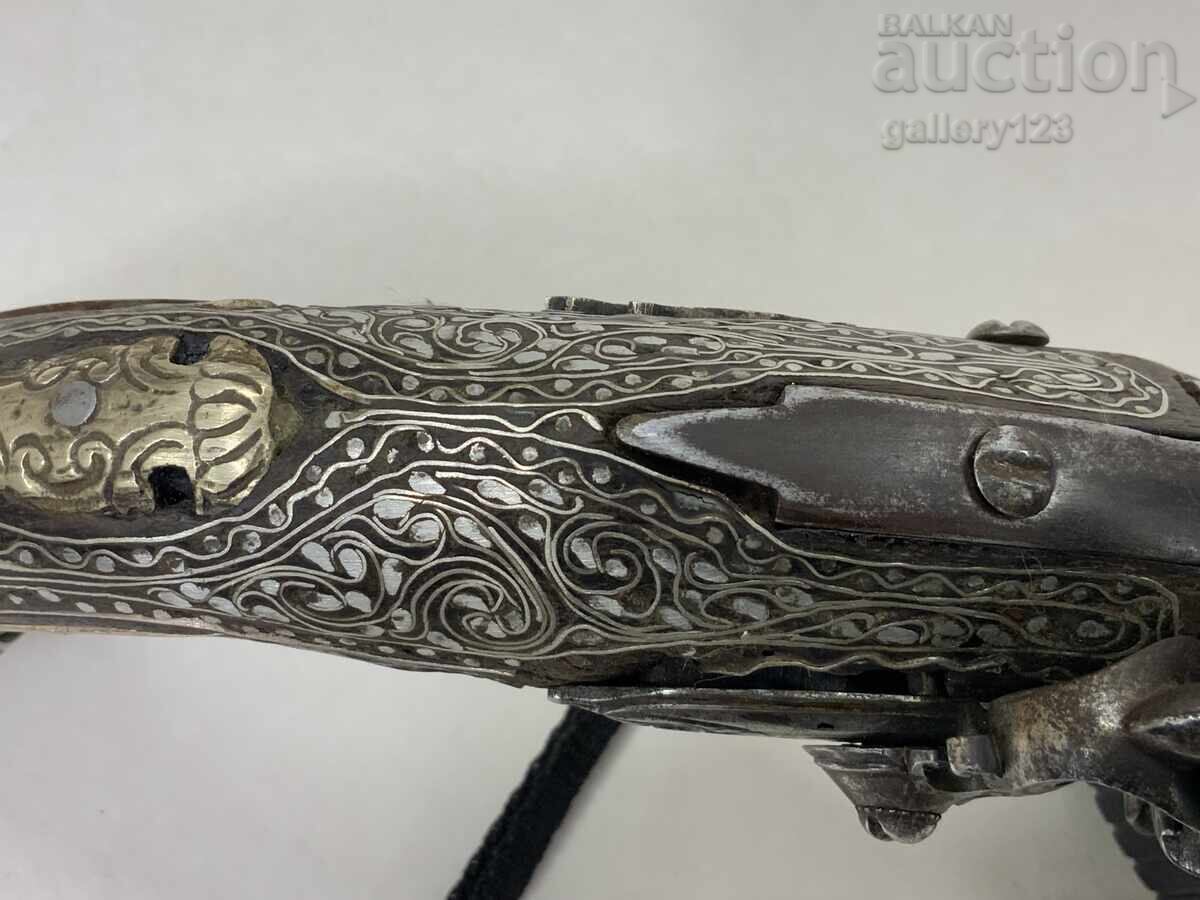 Revival flintlock pistol, silver, engraved inlays - 13 Revival flintlock pistol, silver, engraved inlays - 13
