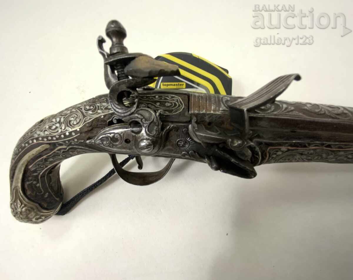 Revival flintlock pistol, silver, engraved inlays - 7 Revival flintlock pistol, silver, engraved inlays - 7