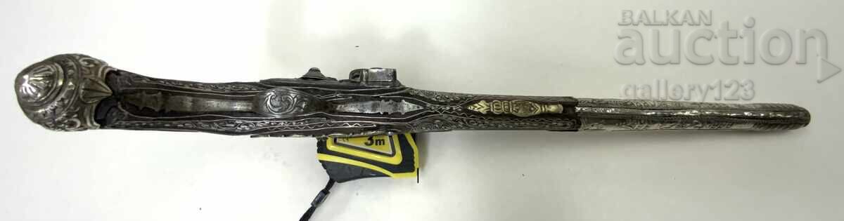 Revival flintlock pistol, silver, engraved inlays - 9 Revival flintlock pistol, silver, engraved inlays - 9