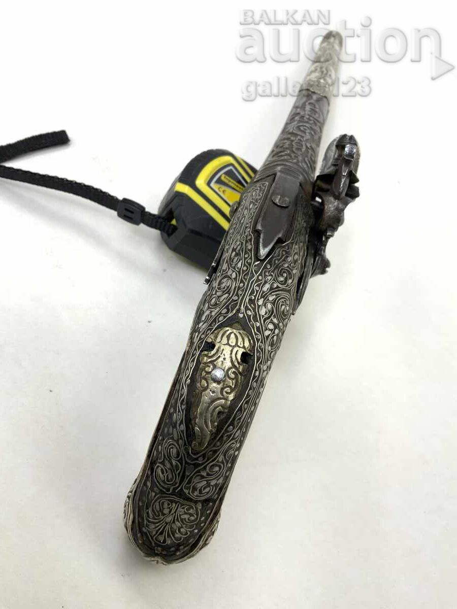 Revival flintlock pistol, silver, engraved inlays - 10 Revival flintlock pistol, silver, engraved inlays - 10