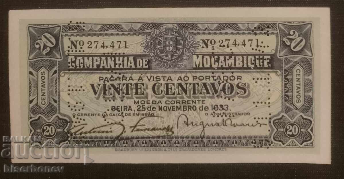 Мозамбик, 20 центавос 1933 г, UNC Мозамбик, 20 центавос 1933 г, UNC