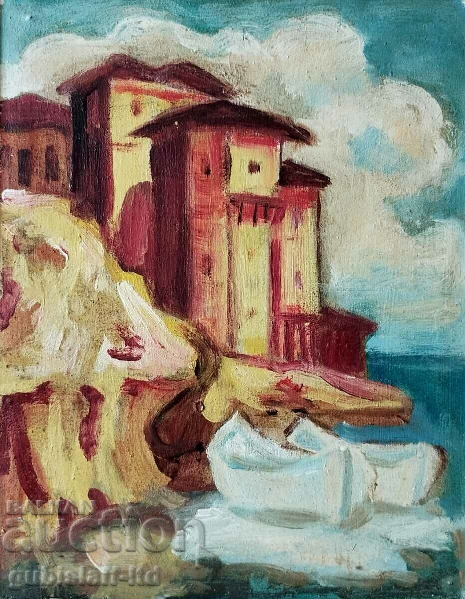 Picture, houses, sea, Sozopol, art. Boris Kraev, 1970s with price 170.00 BGN | € 86.92