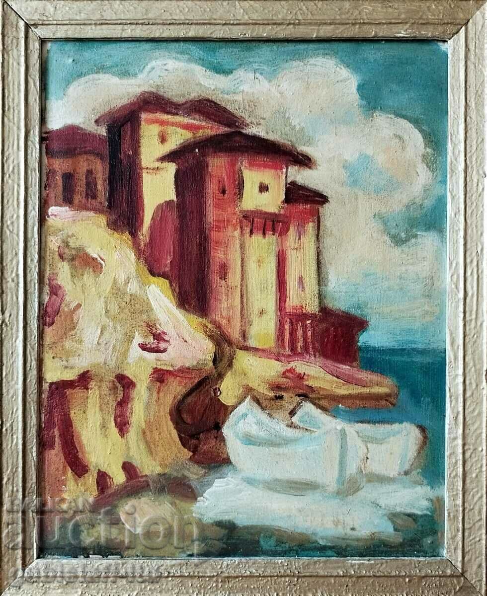 Picture, houses, sea, Sozopol, art. Boris Kraev, 1970s