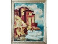 Picture, houses, sea, Sozopol, art. Boris Kraev, 1970s