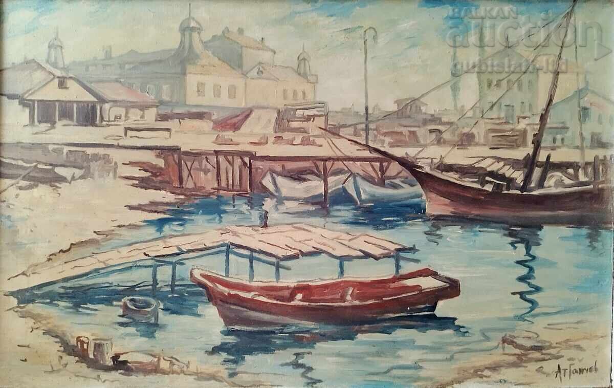 Картина "Бургаското пристанище", худ. Ат. Ганчев, 1980-те г. с цена € 570.00 | 1114.82 лв.